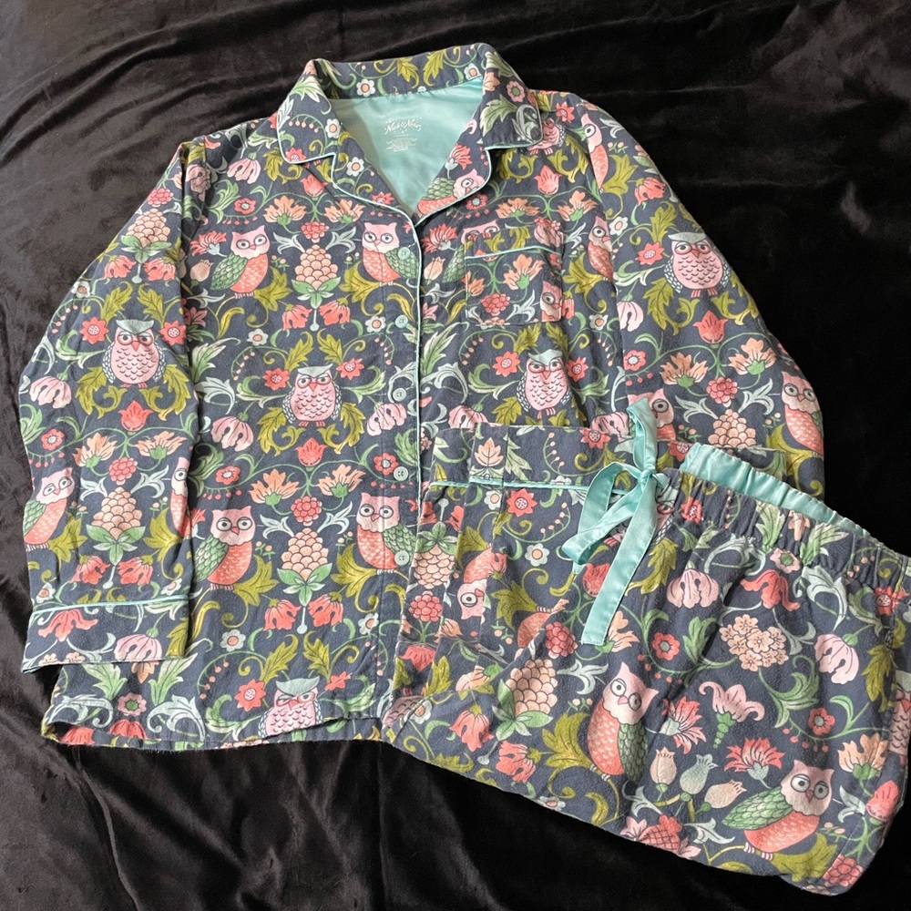 Nick & Nora Blue Green Pink Flannel Owl Pajama Set Size M